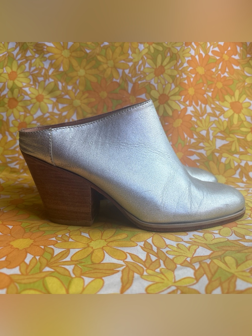 Rachel Comey Metallic Silver Leather Block Heel Mule